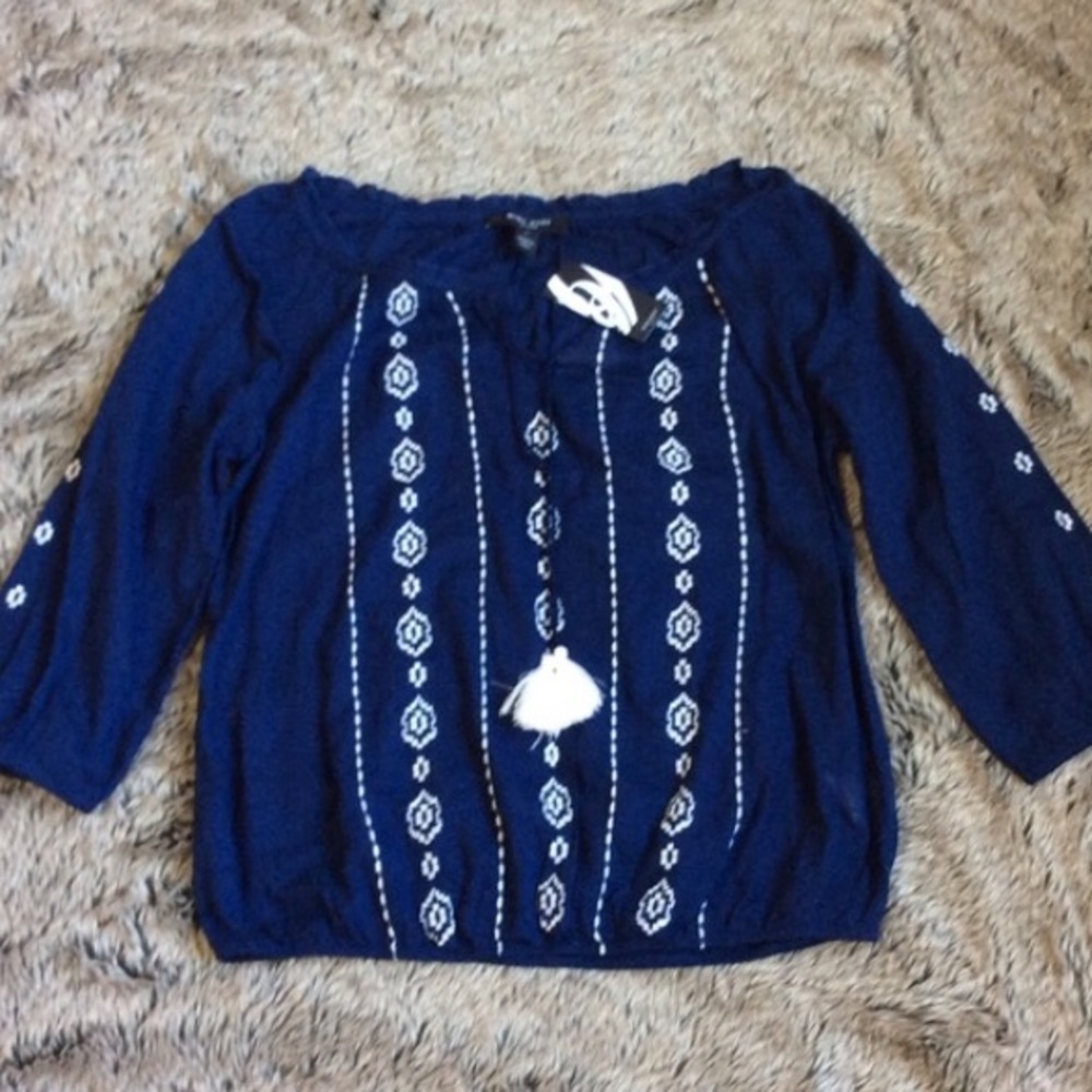 Nine West 3/4 sleeve navy cotton white embroider blouse size small
